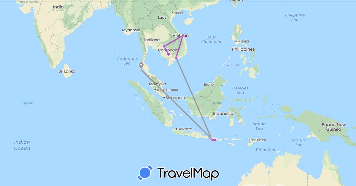 TravelMap itinerary: driving, plane, train in Indonesia, Cambodia, Thailand, Vietnam (Asia)